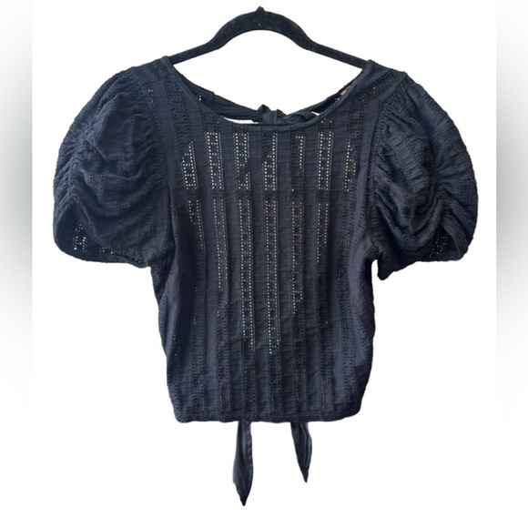 Free People “Star Struck” Eyelet Puff Sleeve Crop Top Black Open Back XS Cotton - Picture 4 of 11